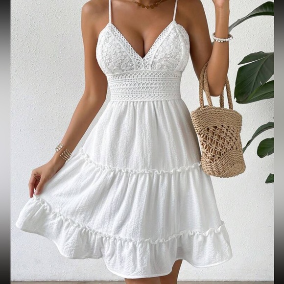 bohemian white v neck lace ruffle hem cami dress - Picture 3 of 4
